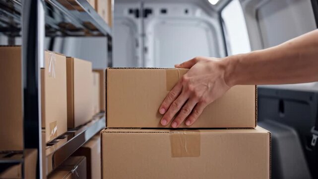 Delivery boxes loaded in van ready for distribution, parcel shipment in delivery boxes by courier. Distribution with delivery boxes for relocation services and small business operations.
