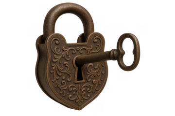 Vintage heart-shaped padlock and skeleton key unlocking secrets and finding solutions on transparent background