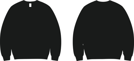 Crewneck sweatshirt front and back silhouette set in black vector style for fashion design, apparel mockup, and branding layout.