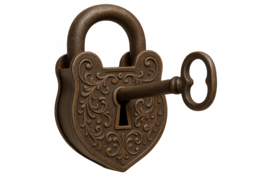 Vintage heart-shaped padlock and skeleton key unlocking secrets and finding solutions on transparent background
