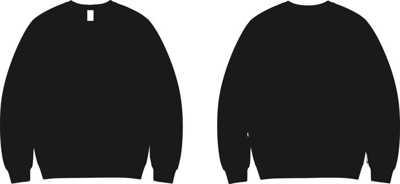 Crewneck sweatshirt front and back silhouette set in black vector style for fashion design, apparel mockup, and branding layout.