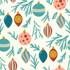 Christmas Vector Seamless Pattern Festive Illustrations with Ornaments Santa Trees Plaid Stars