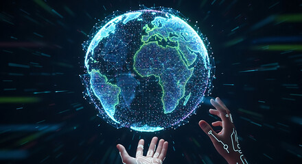 Digital Earth: A mesmerizing representation of the planet, enveloped in digital data, levitating between two reaching hands, symbolizing technology's connection with the globe.