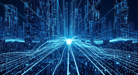 Digital Network: A futuristic cityscape, interconnected by a web of digital pathways, symbolizes the seamless flow of data in a modern technological environment.