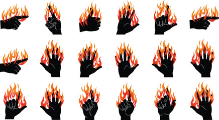 Flaming hand gesture silhouette set with dramatic fire effects, symbolic vector art for passion, power, energy, and intensity themes.