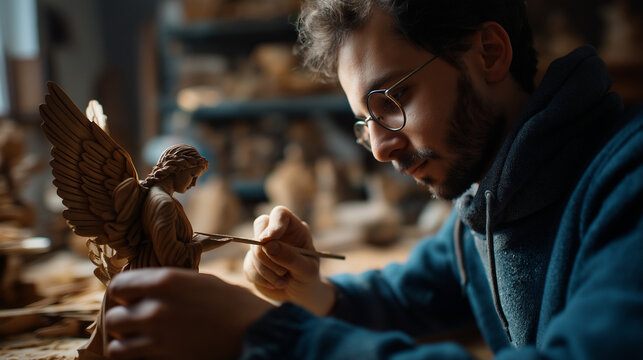 Individual meticulously carving detailed angel statue faceless craftsman defocused workshop background focused concentration scene woodworking craftsmanship expertise artistic