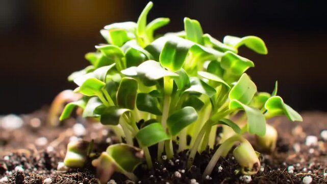 Cluster of young green seedlings growing closely together in dark soil sprouts germination
