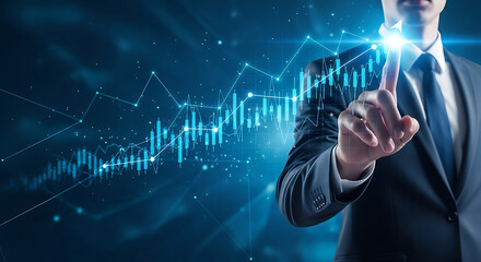 Visionary's touch: A focused business professional, in a tailored suit, effortlessly interacts with a dynamic data chart, symbolizing strategic vision and market foresight. 