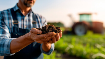 Soil quality assessment with farmer hands examining dirt faceless agricultural specialist defocused field background agriculture analysis expertise land evaluation scene