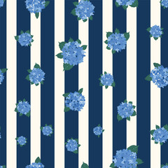Coastal Hydrangea Pattern Collection Blue Florals Stripes Gingham Seamless Vector Set