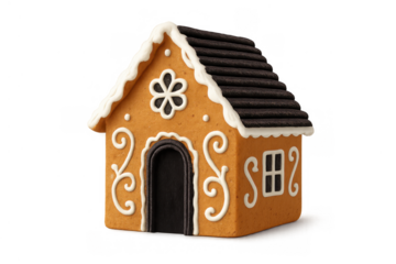 Gingerbread house representing winter holiday traditions with edible cookie, icing, and dark roof, on transparent background