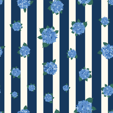 Coastal Hydrangea Pattern Collection Blue Florals Stripes Gingham Seamless Vector Set