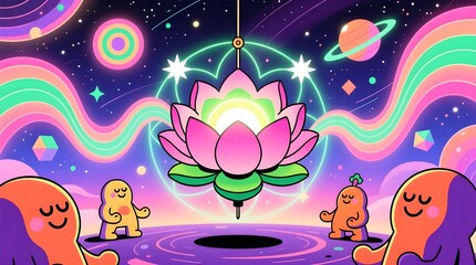 Cartoon Lotus in Space with Characters for a Fun and Spiritual Meditation Scene