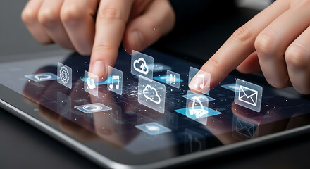 Digital Interaction: A person uses a tablet, engaging with various digital interfaces in a seamless and intuitive manner, representing the future of modern communication.