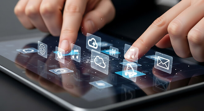 Digital Interaction: A person uses a tablet, engaging with various digital interfaces in a seamless and intuitive manner, representing the future of modern communication.