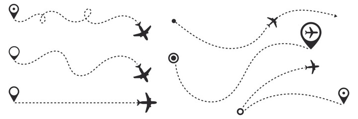 The flight path of the aircraft from the point of location along the dotted line. Flight route from a waypoint with an airplane silhouette. Vector elements © Vasyl Yurlov