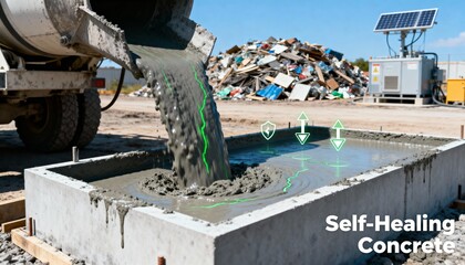 Fototapeta premium Medium shot of fresh concrete pouring from a mixer into a mold highlighting ecofriendly materials designed for selfrepair and extended durability in building projects.