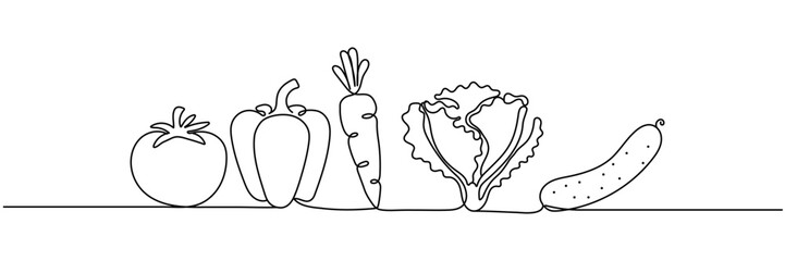 Continuous one line drawing of set of vegetables. One line drawing illustration of set of ripe vegetables. Vegetables, Fresh vegetables concept line art. Editable outline