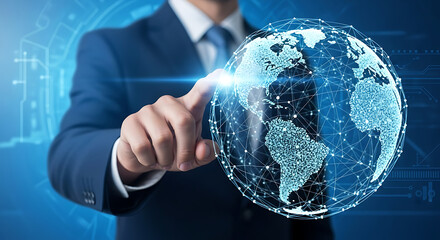 Global Business Connection: A sophisticated business professional gestures towards a digitally rendered globe, symbolizing the interconnectedness of modern business and worldwide opportunities.
