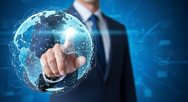Global Business Connectivity: A corporate individual, in a moment of visionary clarity, engages with a holographic world, symbolizing interconnected business prospects.