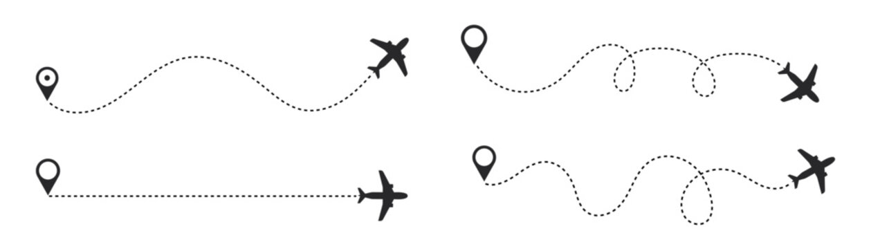The flight path of the aircraft from the point of location along the dotted line. Flight route from a waypoint with an airplane silhouette. Vector elements
