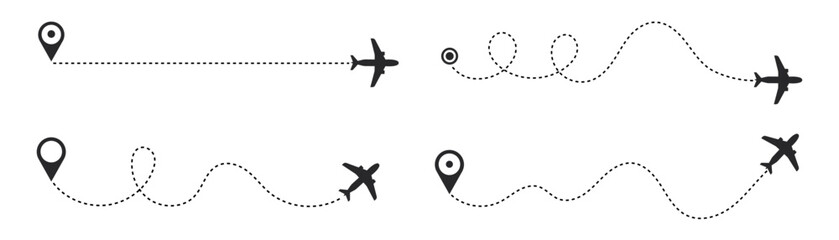 The flight path of the aircraft from the point of location along the dotted line. Flight route from a waypoint with an airplane silhouette. Vector elements