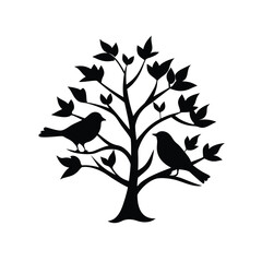 Birds sitting on tree branch with leaves silhouette vector isolated on white © Saikat