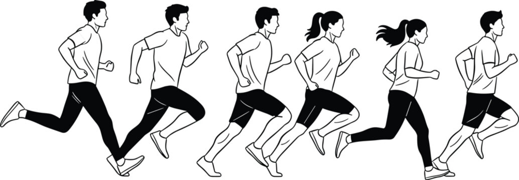 Running figure line art set with alternating genders in dynamic stride poses for fitness, motion, and athletic illustration design.Running figure line art set with alternating genders in dynamic strid