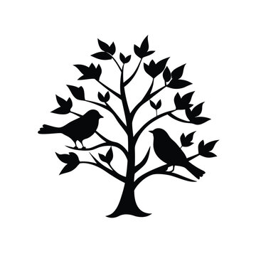 Birds sitting on tree branch with leaves silhouette vector isolated on white