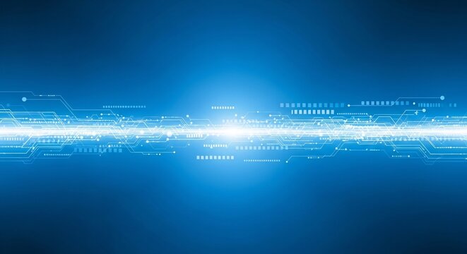 Abstract glowing blue digital circuit board pattern with bright center light technology