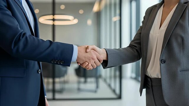 A professional business handshake between two individuals in a contemporary office setting, symbolizing agreement, partnership, and successful collaboration. This close-up shot highlights the decisive
