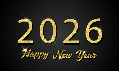 2026 Happy New Year glitter text greeting card. Holiday banner. Golden glitter number 2026 with congratulations ribbon is on podium with spotlights on dark background. Festive postcard. Vector illustr