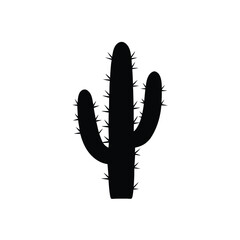 Black silhouette of saguaro cactus with spines isolated on white backdrop