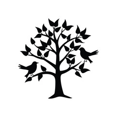 Silhouette of tree with birds perched on branches standing out against white © Saikat