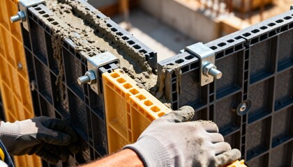 Closeup medium shot showing plastic concrete formwork panels being aligned and secured for shaping fresh concrete.