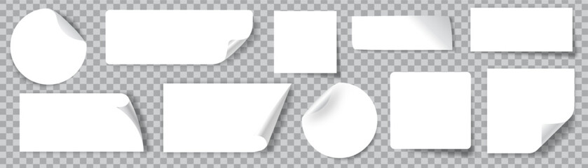 White stickers. Blank adhesive sticker with folded or curled corners. Realistic paper sticky notes in various shapes vector mockup as circle, rectangle, square clean tags or badge