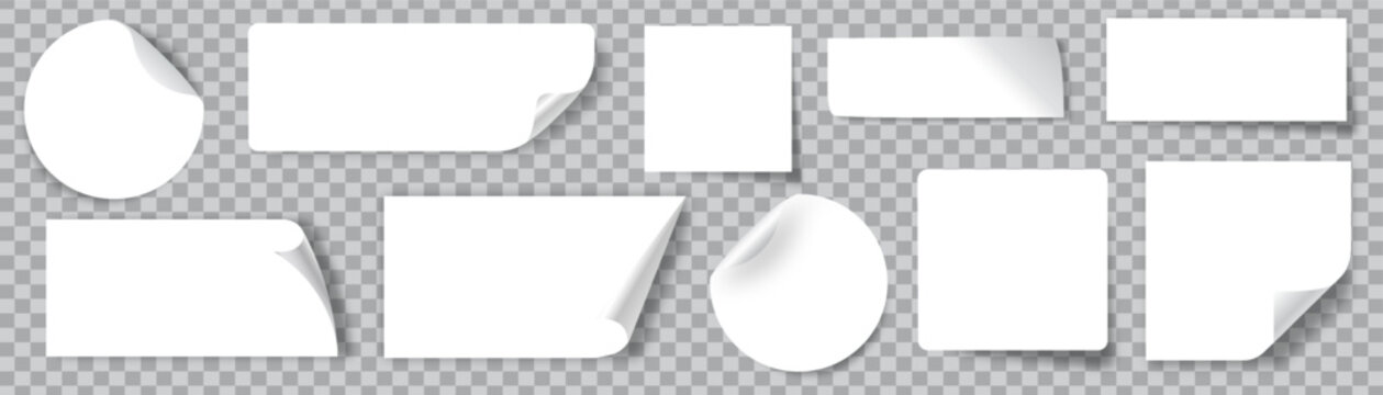 White stickers. Blank adhesive sticker with folded or curled corners. Realistic paper sticky notes in various shapes vector mockup as circle, rectangle, square clean tags or badge