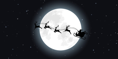 Santa Claus riding in his sleigh with reindeer in front of the full moon. Santa Claus rides in a sleigh in harness on the reindeer © Vasyl Yurlov