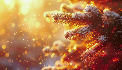 banner decorativo elegante y tarjeta para felicitacion y publicidad de navidad con textura de abeto, nieve con iluminación cálida y reflejos dorados