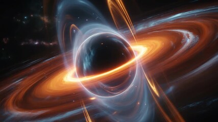 A visually stunning depiction of a black hole surrounded by vibrant, swirling orange and blue accretion disks, showcasing gravitational lensing effects and distant stars in deep space - Powered by Adobe