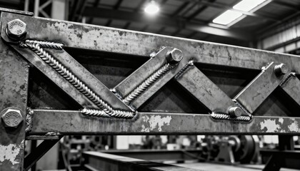 Medium shot showing detailed welds on chevron bracing components bolstering the rigidity of an industrial structure.