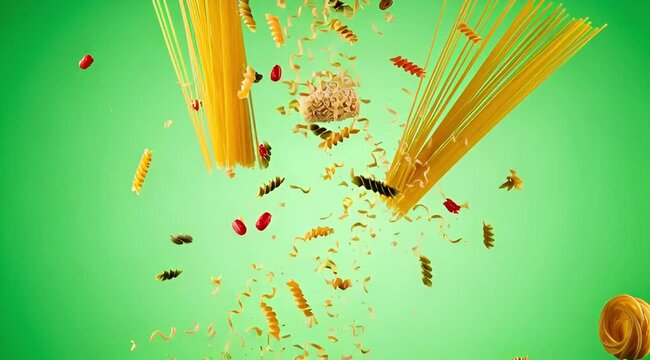 Noodles falling on green screen 