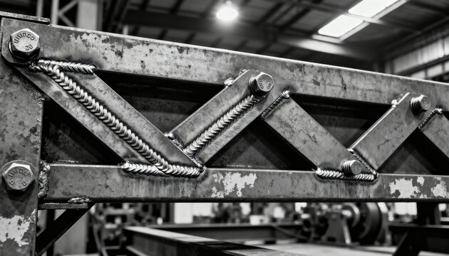 Medium shot showing detailed welds on chevron bracing components bolstering the rigidity of an industrial structure.