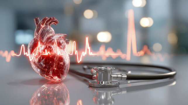 Close-up of a modern digital representation of a human heart with heartbeat pulse line next to a stethoscope on reflective surface in medical environment - Powered by Adobe