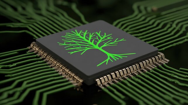 Illuminated green tree design prominently featured on a dark electronic microchip connected to circuit board traces