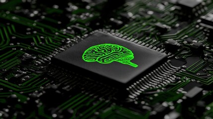 Microchip features a glowing green silhouette of a human brain surrounded by electronic circuitry
