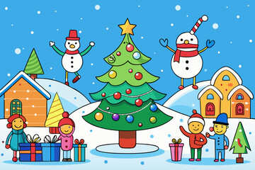 Whimsical winter wonderland scene featuring cheerful snowmen children and decorated christmas tree amidst snowy village