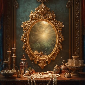 Golden enchanted mirror revealing magical forest portal beyond ordinary reality photo