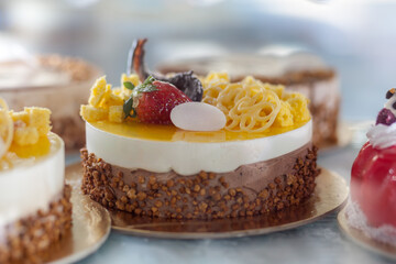Elegant mousse cake with chocolate, cream, and fruit glaze, topped with strawberry, chocolate, and sponge cubes.