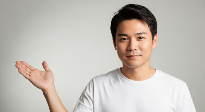 Confident young man in casual white shirt gesturing with open palm on plain background